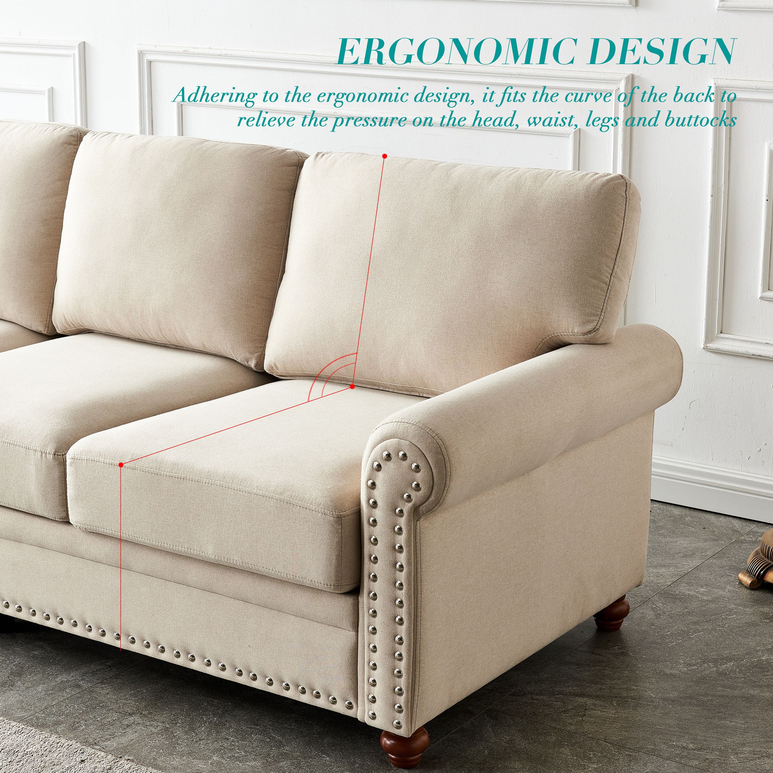 Modern 3 Seater Upholstered Sofa, 100% Polyester Soft Couch with Storage Removable Cushions Solid Wood Legs and Nailhead Trim for Living Room Bedroom Office