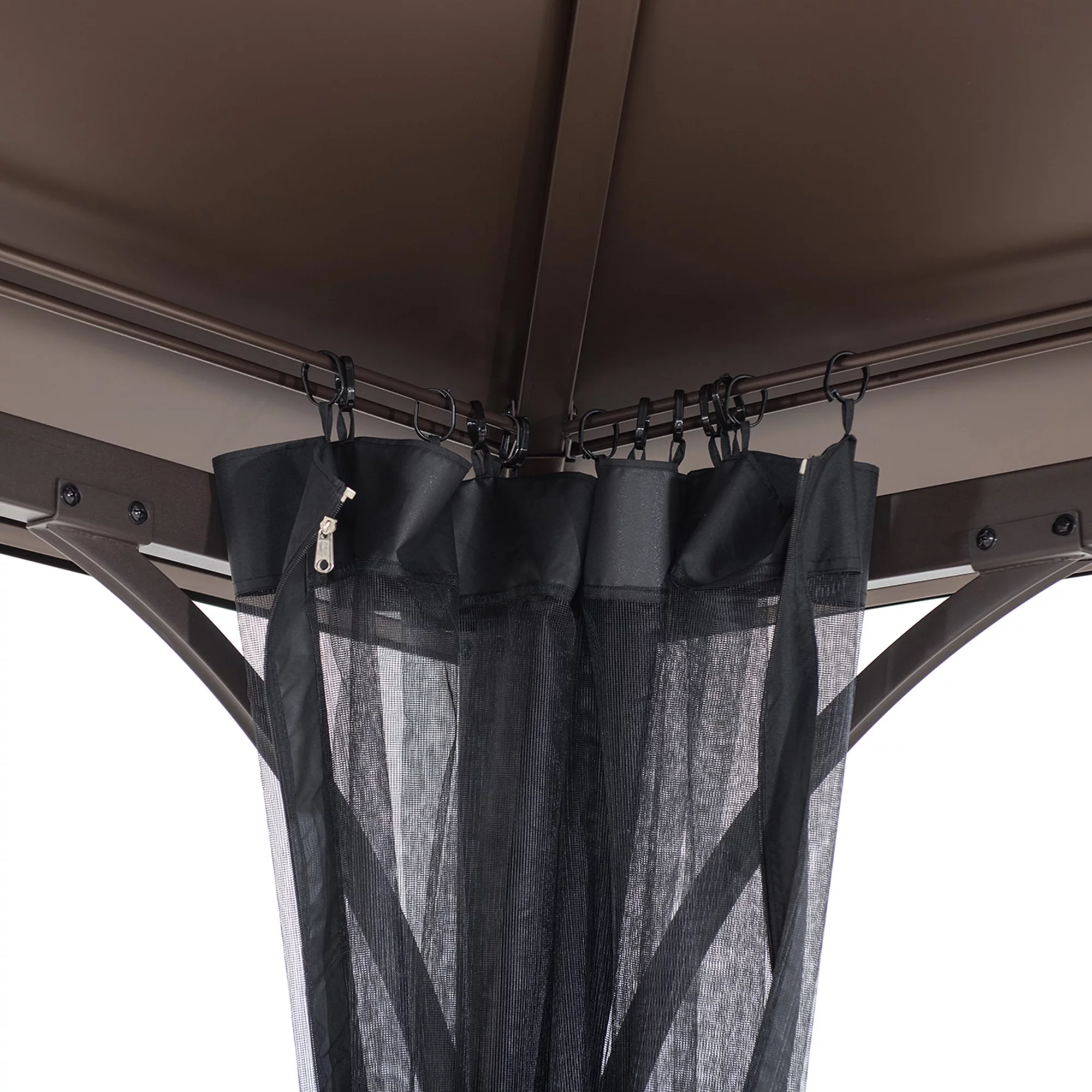 Sunjoy Lindsay Outdoor Patio 10x12 ft. Brown Steel Frame 2-Tier Hardtop Roof Gazebo with Ceiling hook and Netting