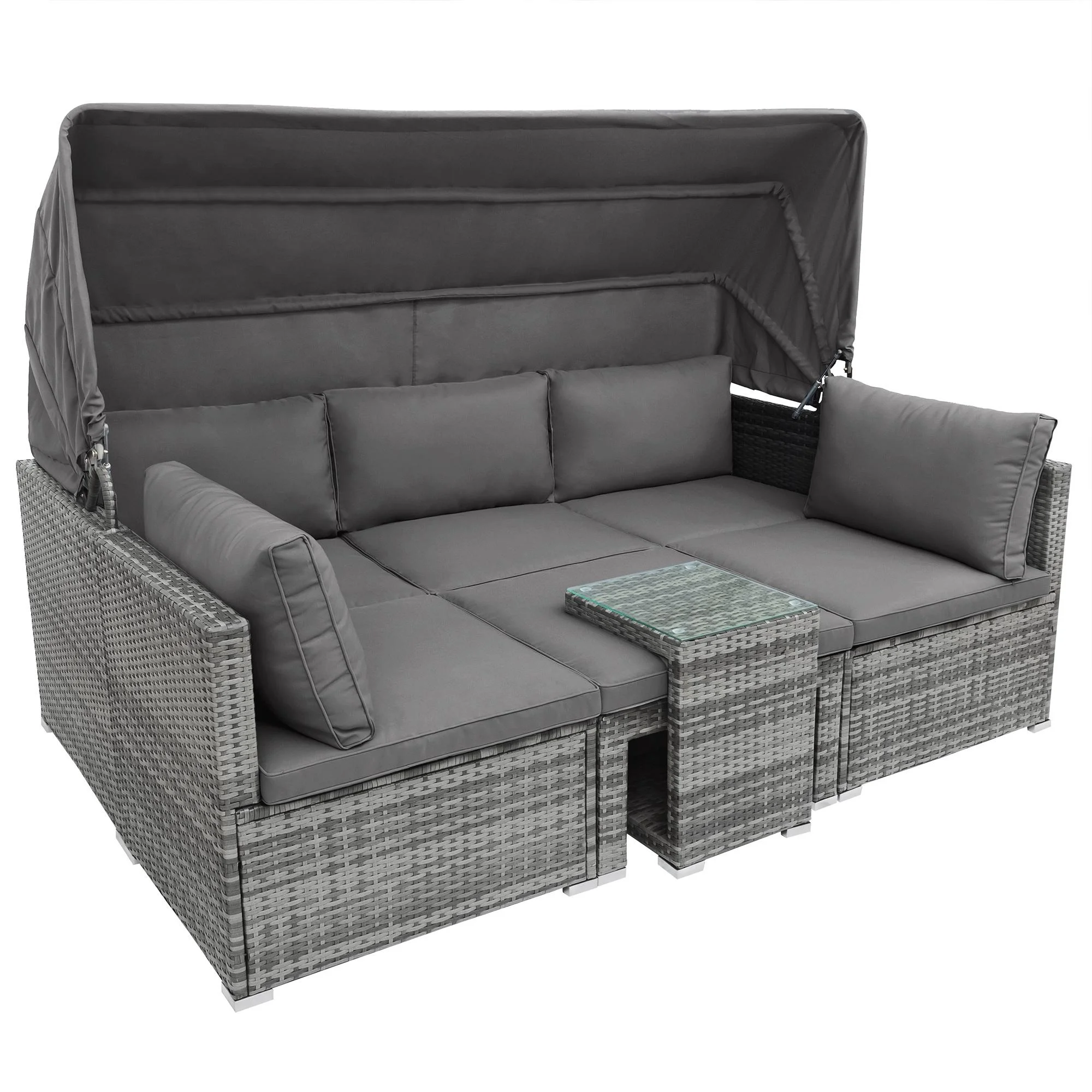 Seizeen 5 Pieces Patio Outdoor Daybed, Rattan Sectional Conversation Sofa Set with Retractable Canopy, Patio Sectional Bed with Side Table, Outdoor Sunbed with Cushions and Pillows