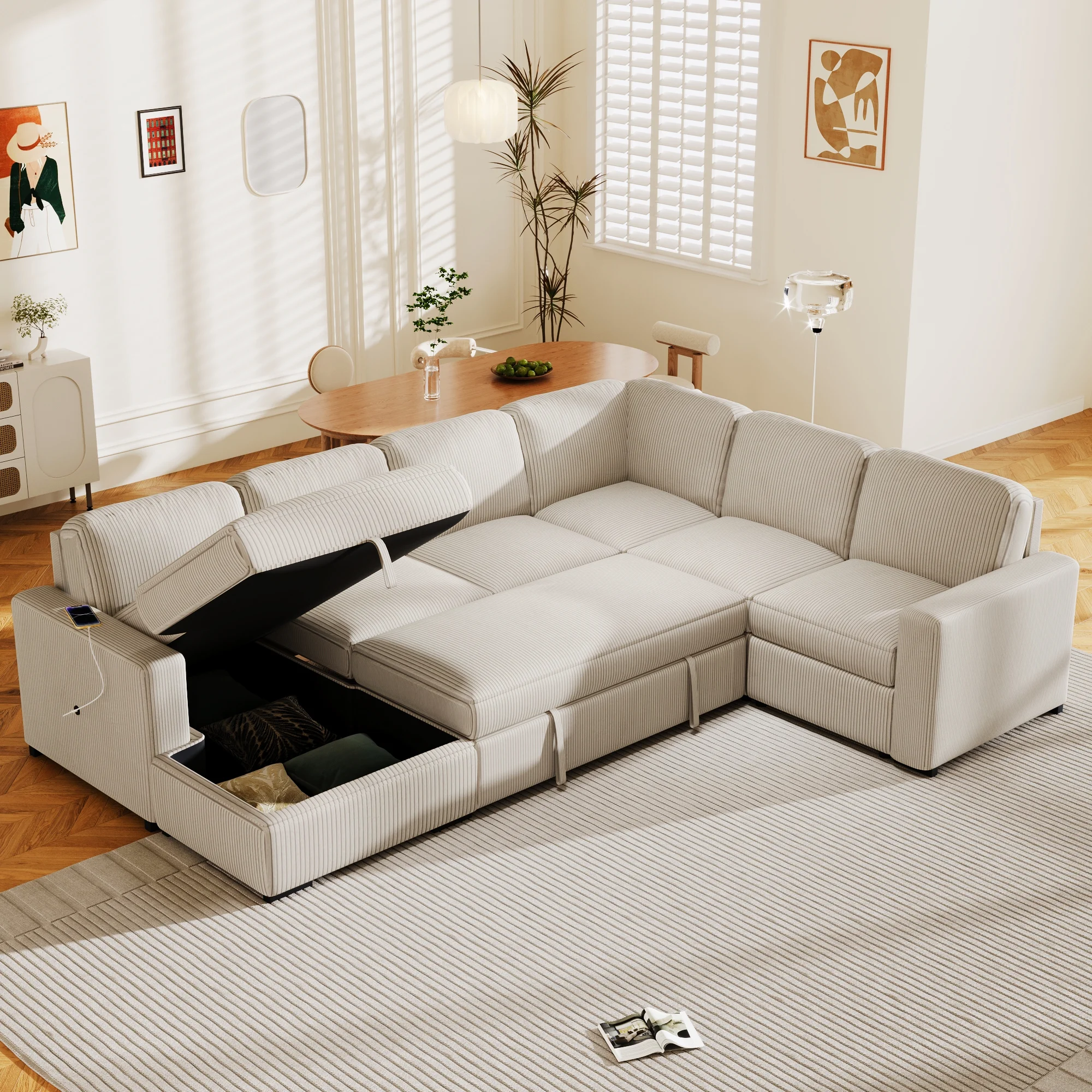 EUROCO 116.5"  Larger 7-Seater Modular Sectional Sofa and Couch, U-Shaped Couch Corduroy Pull Out Sofa Bed with Storage Chaise and USB interfaces for Living Rooms, Offices, and Spacious Spaces,Beige