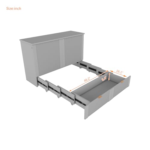 Full Size Murphy Bed with Storage Drawer and Headboard, Wooden Wall Bedframe w/a Set of Sockets & USB Ports, Pulley Structure Design, Foldable Platform Bed for Home Office Small Room, Gray