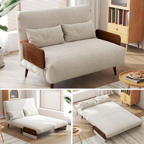3-in-1 Convertible Chair Bed Sleeper for Adults, Linen Convertable Sleeper Chair with Wooden Arms & Pillows, Foldable Single Futon Sofa Bed (Mid Century with Walnut Arm, 36.6" Wide)
