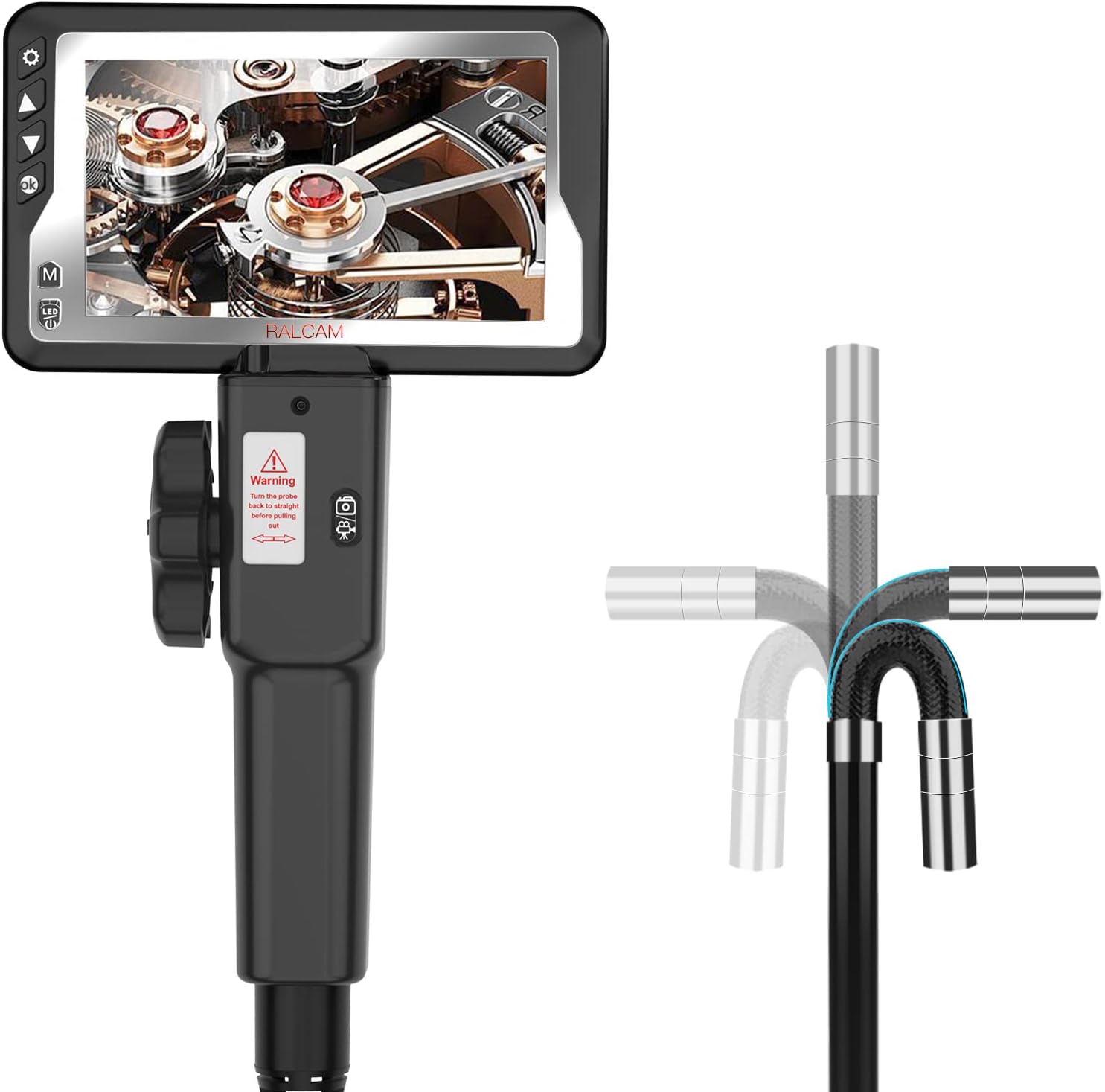 Ralcam Articulating Borescope Inspection Camera with 4.5" IPS LCD Industrial Endoscope,8 Adjustable LED, 0.33'' Len HD720P Flexible Snake Endoscope inspection camera within 6000mAh Rechargable battery