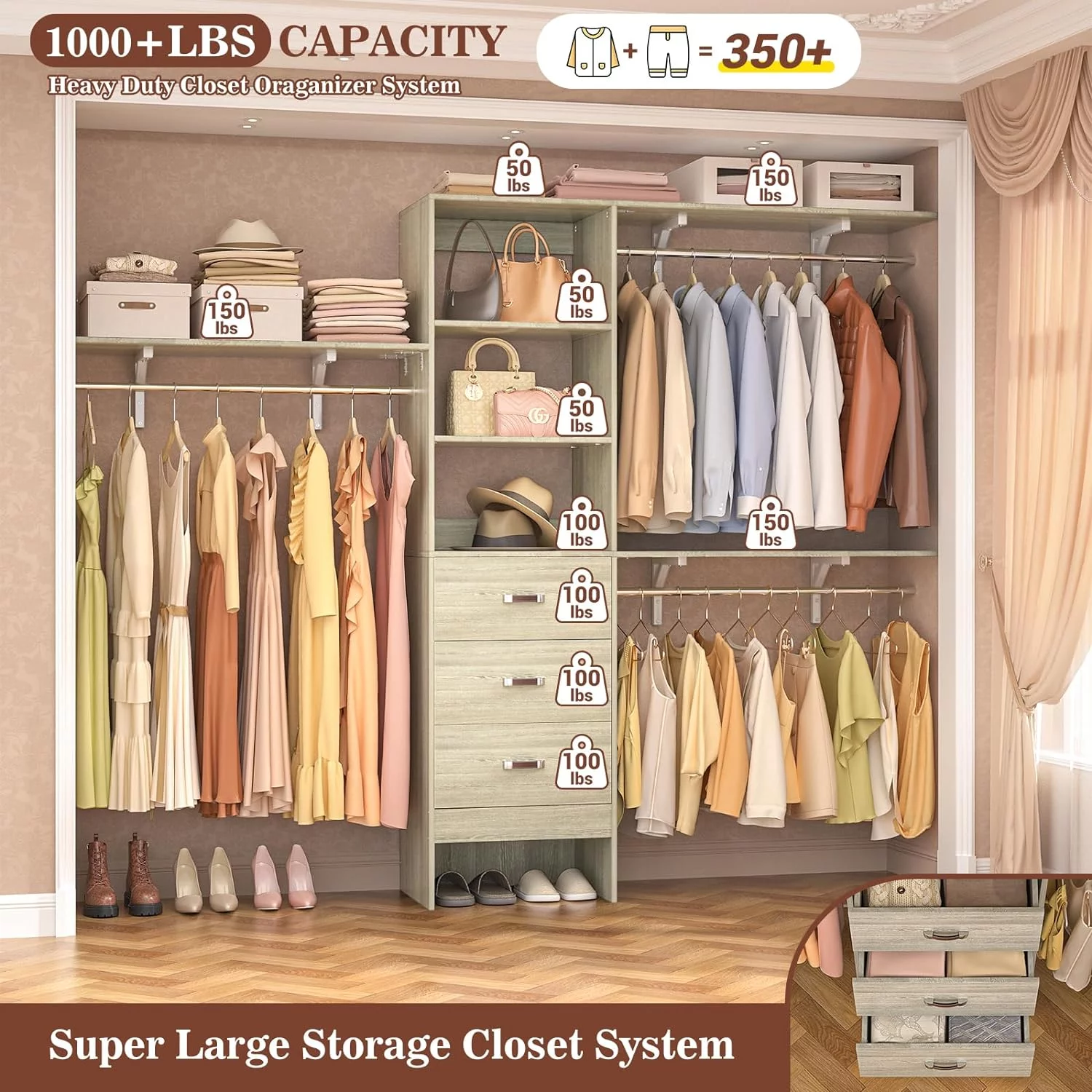 Homieasy 96 Inches Closet System, 8FT Walk In Closet Organizer with 3 Shelving Tower, Heavy Duty Clothes Rack with 3 Drawers, Built-In Garment Rack, 96" L x 16" W x 75" H, Max Load 1000 LBS, White Oak - Curated Treasures Market