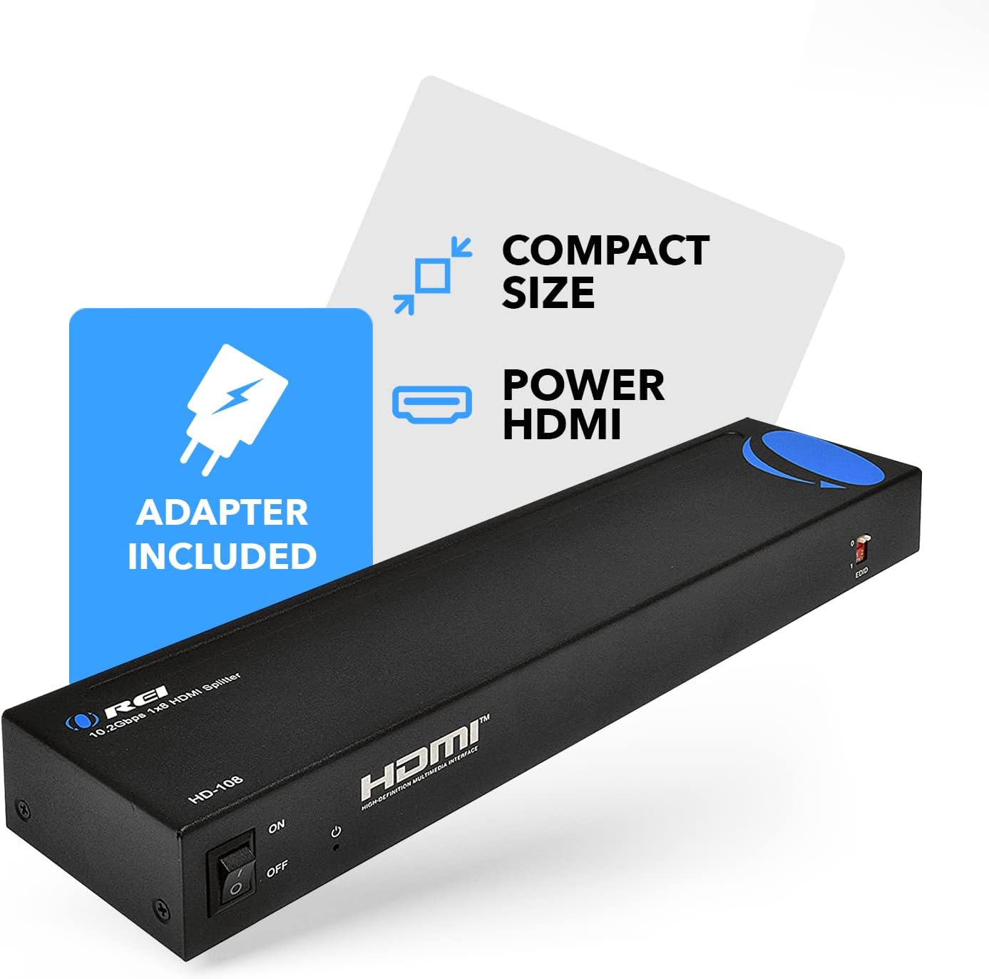 1080p 1x8 HDMI Splitter by OREI - 1 Port to 8 HDMI Display Duplicate/Mirror - Powered Splitter Ver 1.3 Certified for Full HD 1080P High-Resolution 3D Support (One Input To Two Outputs) - HD-108