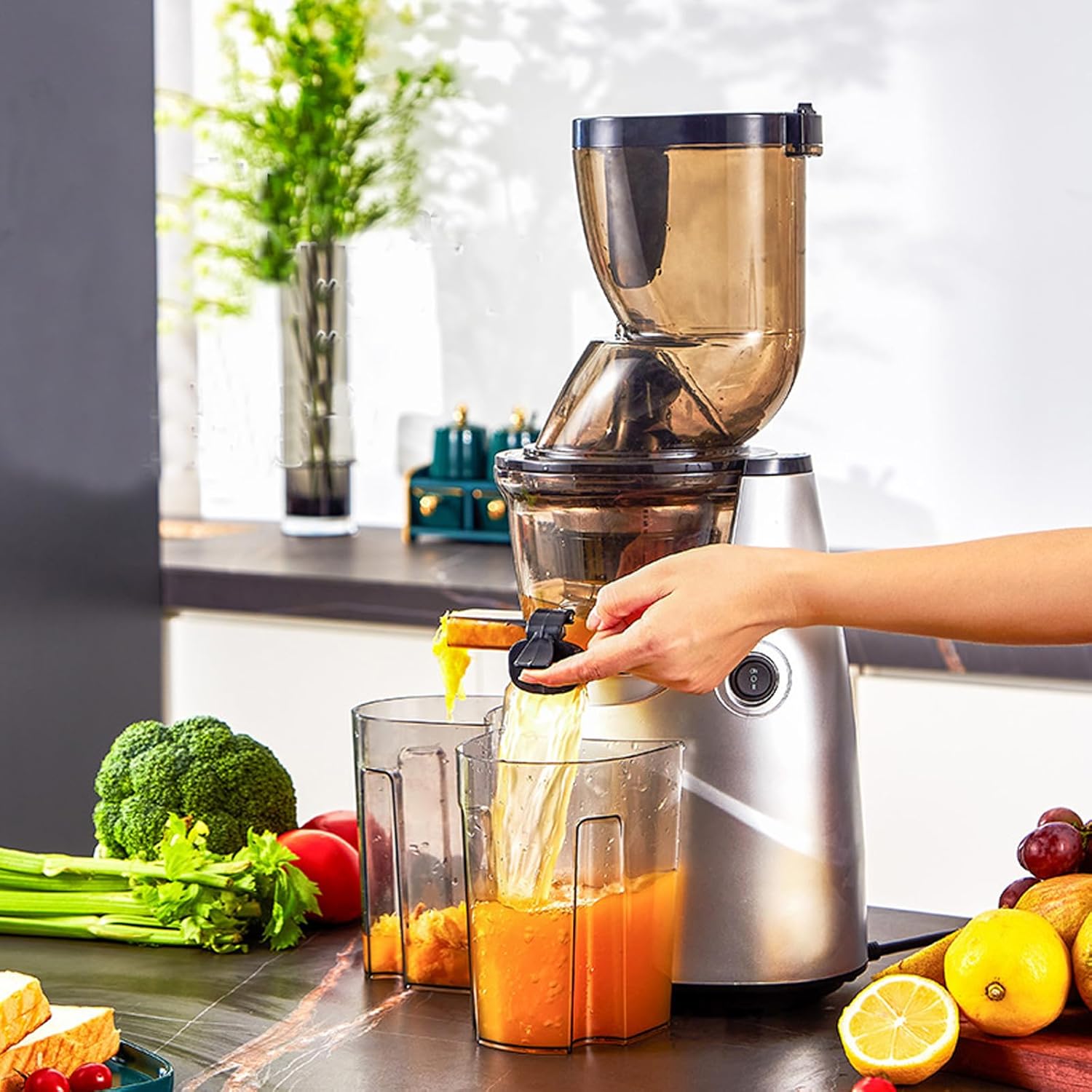 Juicer Machines,Powerful Slow Cold Press Masticating Pure Juicer Machines,Large Diameter Feed Chute Fit Whole Vegetable And Fruit,Juice Residue Separation