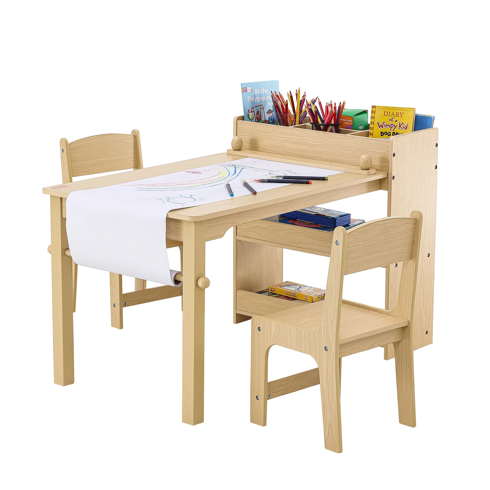 SKYSHALO 2-in-1 Kids Art Table and 2 Chairs Toddler Craft Set and Wooden Play Activity Drawing Table with A Cabinet Paper Roll Storage Bins