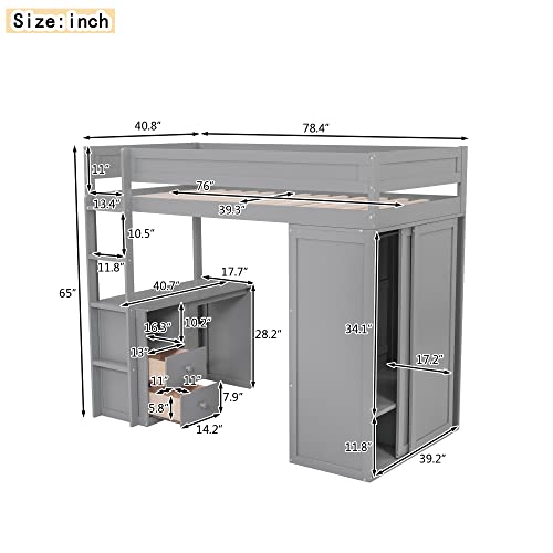 Full Size Loft Bed with Storage Wardrobe and Desk Wooden Loft Beds Frame with Drawers and Cabinet Wood High Loft Beds with Ladder for Kids Teens Adults, White