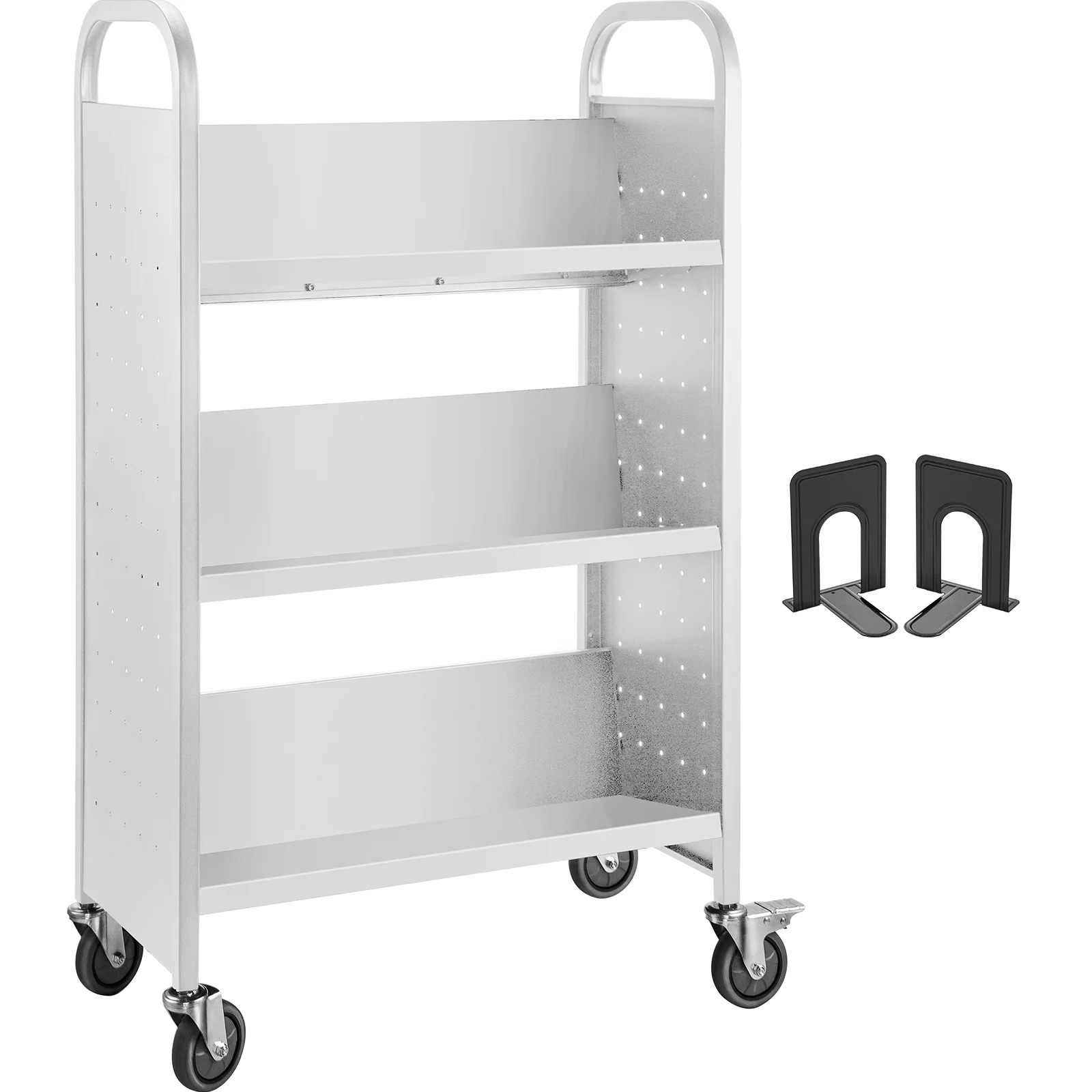 VEVOR Book Cart Single Sided V-Shaped , Rolling Book Cart with 4 inch Lockable Wheels, for Home Shelves Office and School Book Truck in White - Curated Treasures Market