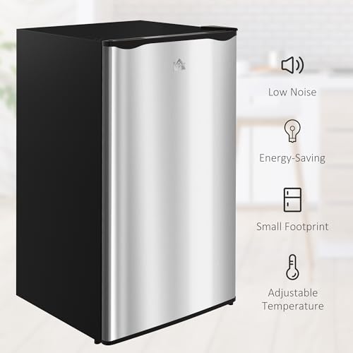 HOMCOM 3.2 Cu.Ft Mini Fridge with Freezer, Compact Refrigerator with Adjustable Thermostat, Shelf and Reversible Door for Bedroom, Dorm, Home Office, Energy Efficient