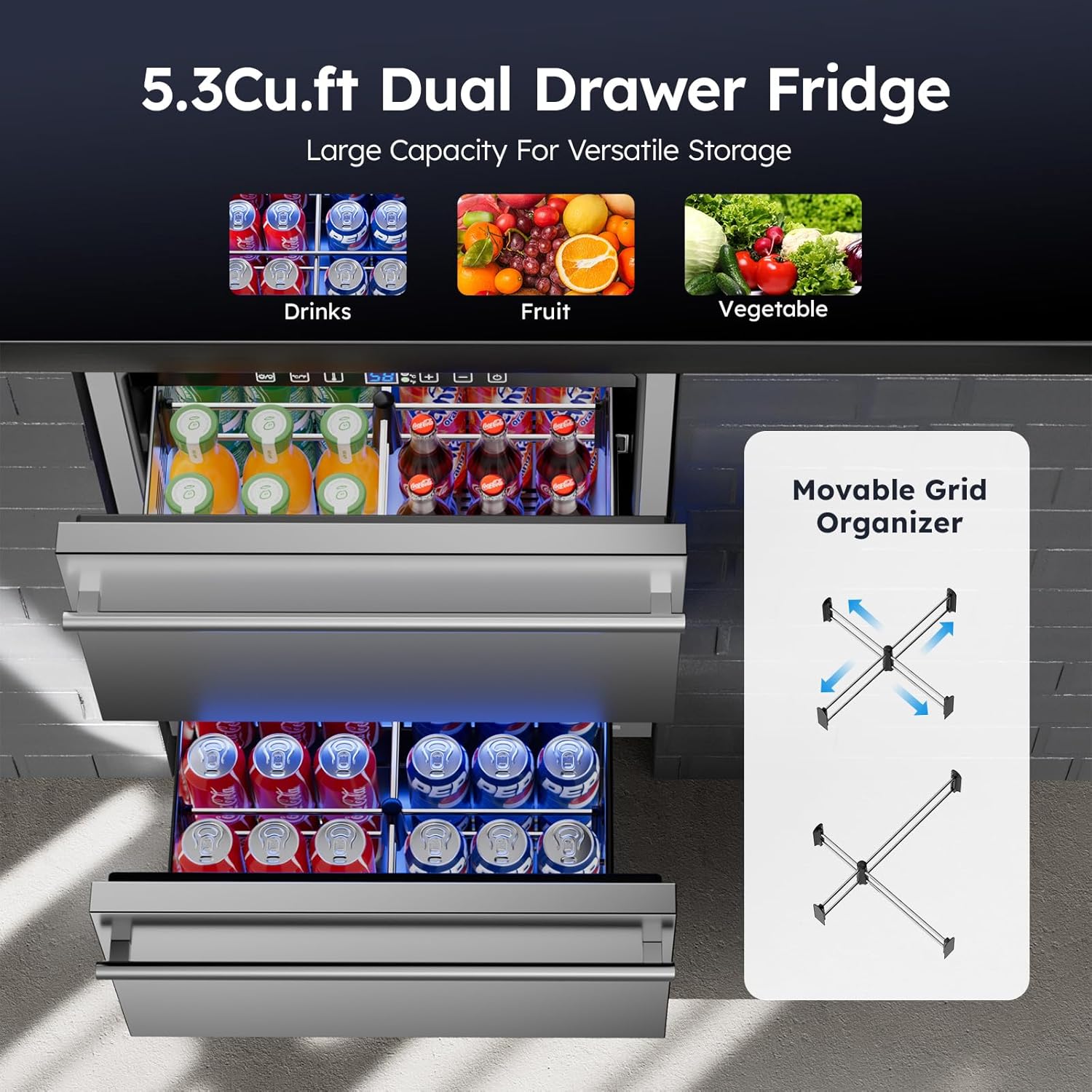 Outdoor Beverage Refrigerator, 24 Inch Under Counter Double Drawer Fridge, Stainless Steel, Freestanding/Built-In Installation Outdoor Beverage Fridge for Patio, Outdoor Beverage Cooler with Wheels