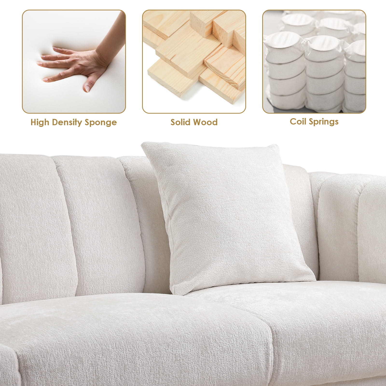 Homfa White Sofa and Couch, 77.2" Modern Chenille Couch with Armrests, Wood Sofa with Pocket and Stainless Steel Legs
