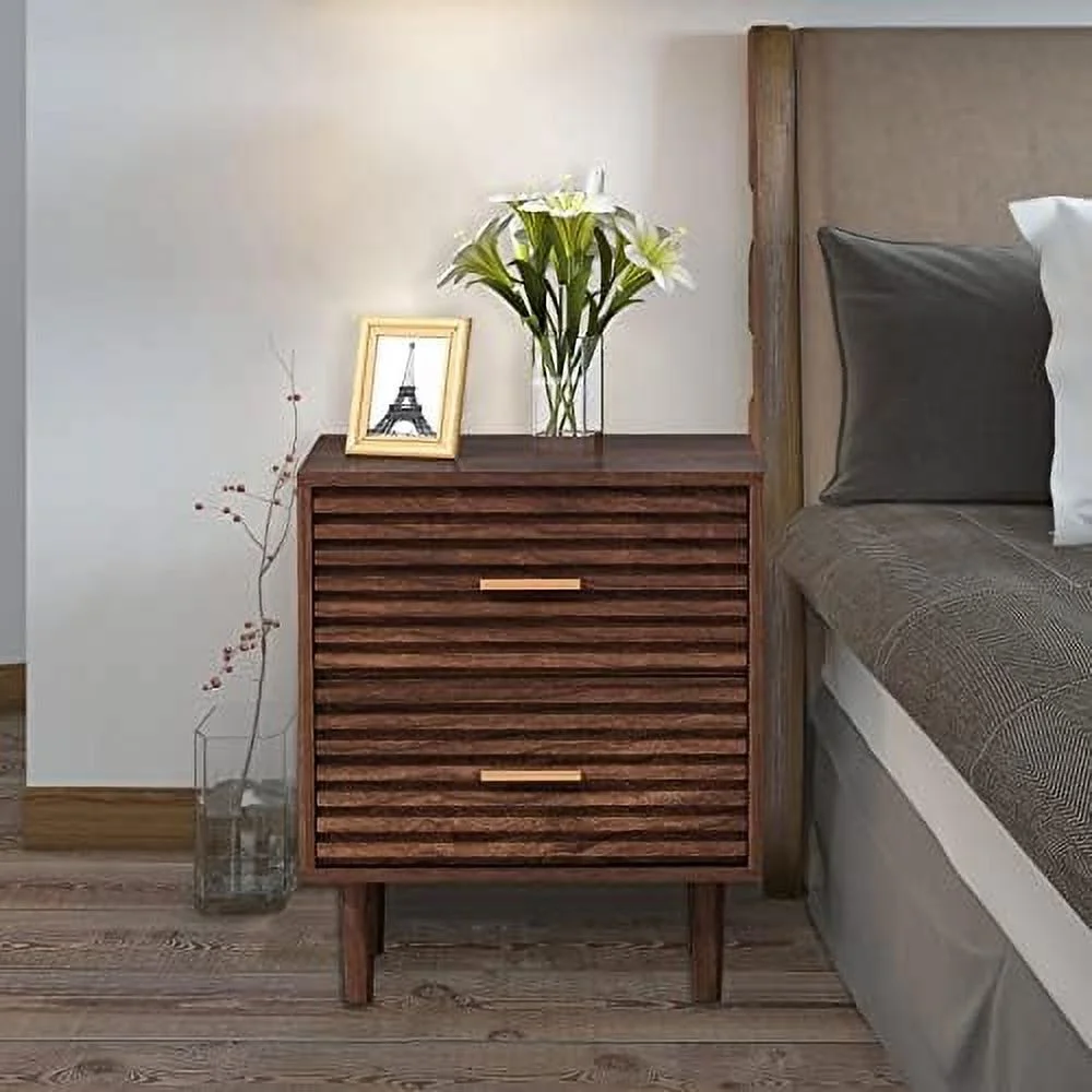 Nightstands Set of 2 End Table with 2 Drawers  Bed Side Table for Bedroom  Mid Century Modern Side Table with  Vintage Wood Accent Table for Living Room  Rustic Brown (2 Pack)