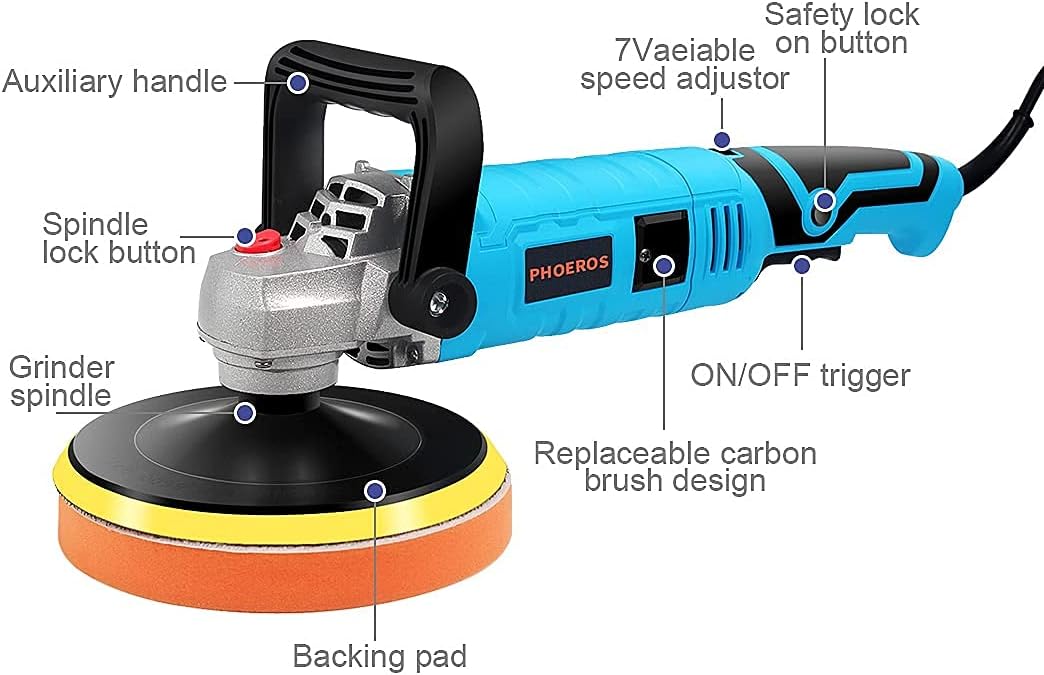PHOEROS Buffer Polisher，7 inch Car Buffer Polisher kit with 7 Variable Speed, 4 Pads, Tool Bag for Car Polishing Sanding and Waxing Sealing Glaze