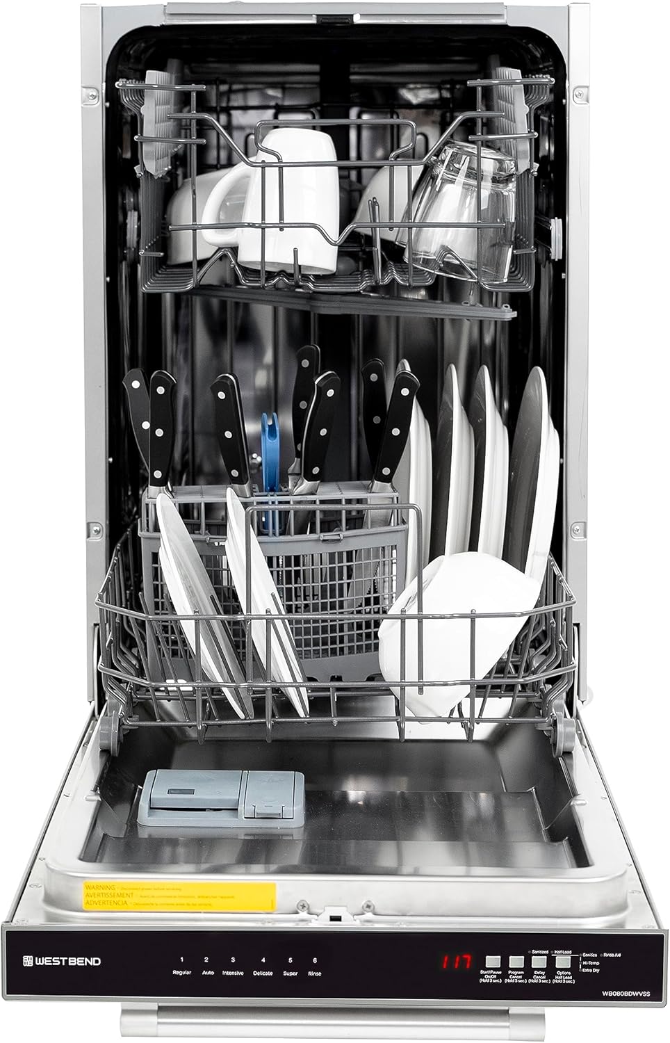 West Bend Dishwasher 18-Inch Built In with 3 Wash Options and 6 Automatic Cycles, Stainless Steel Construction with Electronic Control LED Display, Low Noise Rating, 53 dB, Metallic
