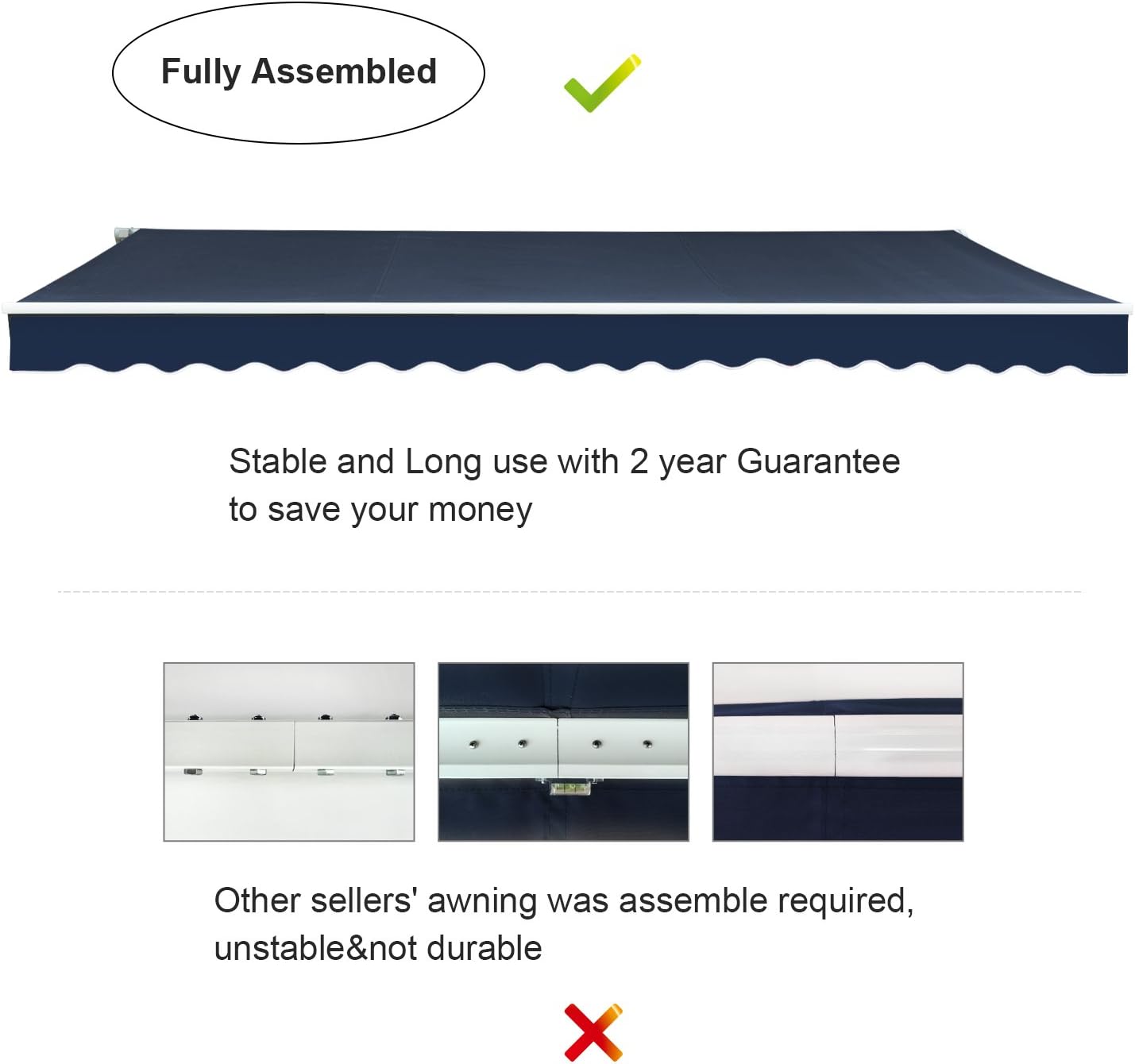 Diensweek Patio Awning Retractable Fully Assembled 12'x8', Manual Commercial Grade Awnings - Quality 100% 280G Ployester Window Door Sunshade Shelter - Deck Canopy Balcony P100 Series ( Navy Blue)