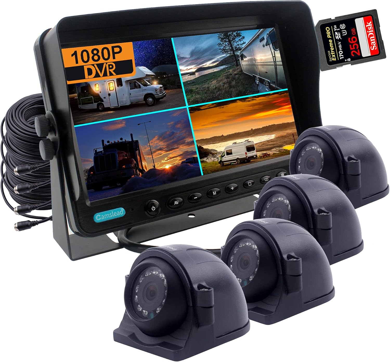 CAMSLEAD 9 inch Digital Monitor 1080P HD Rear View Camera System with Wired, HD DVR Recorder, 4 Channel Input, Quad Split Screen, 4X 1080P Heavy Duty Waterproof Backup Side View Camera for RV Trailer