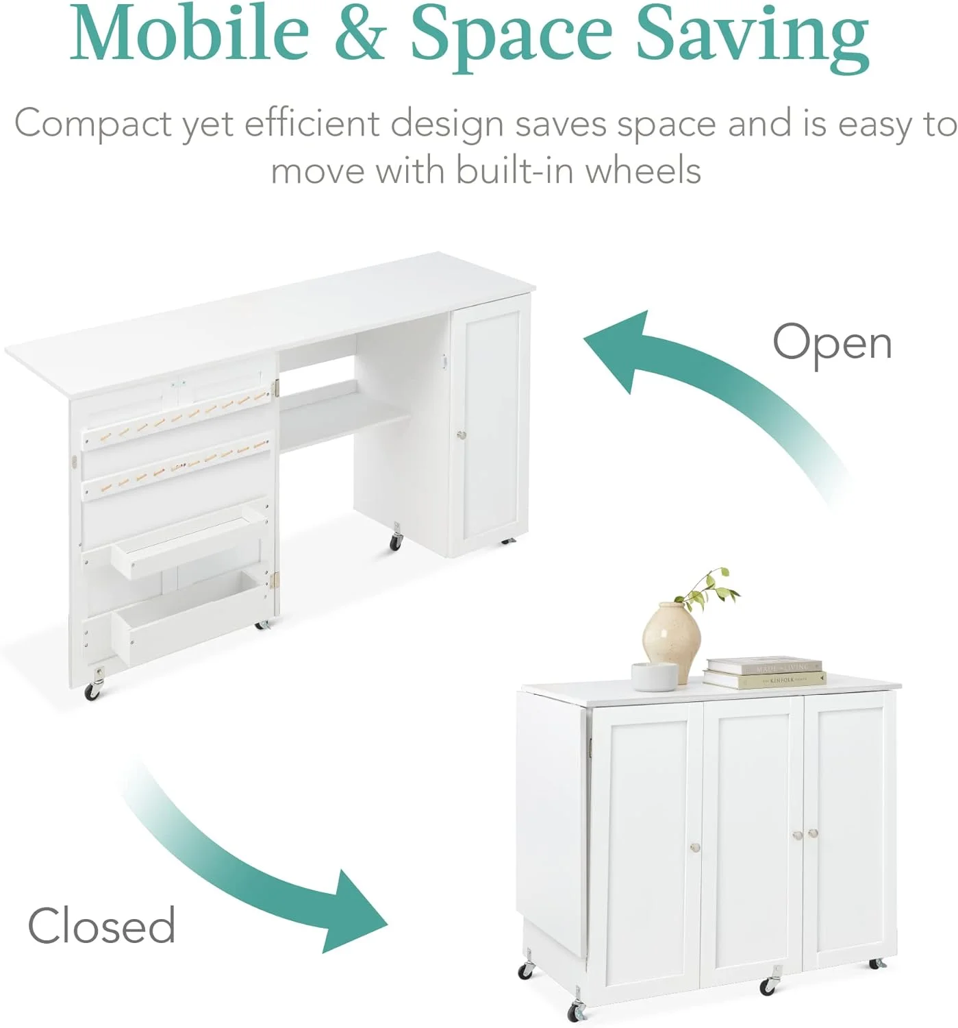 SHSHSIO Large Folding Sewing Table, Multipurpose Portable Craft Station & Side Desk w/Compact Design, Caster Wheels, Storage Shelves, 2 Storage Trays, Magnetic Doors - White