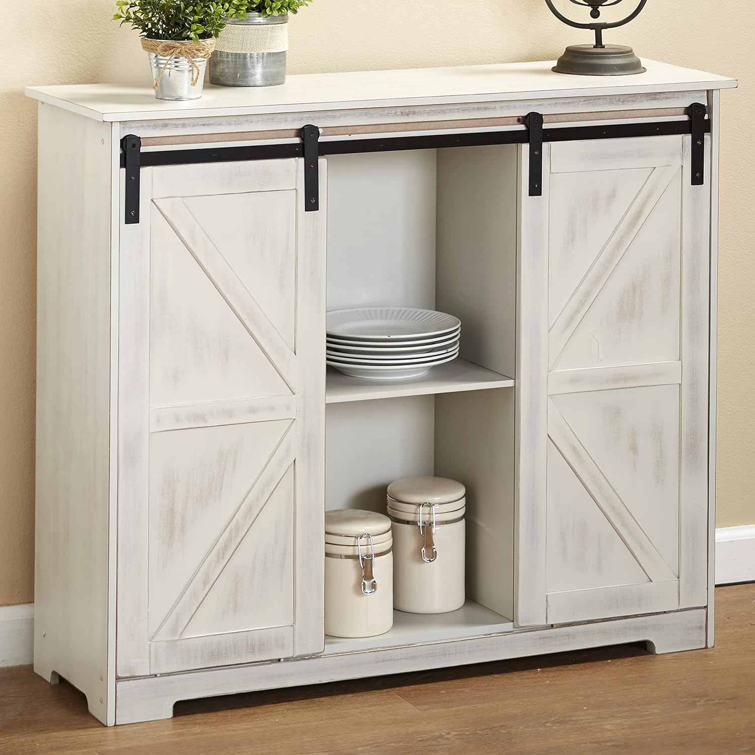 The Lakeside Collection Distressed Sideboard Buffet Cabinet with Sliding Rail Barn Doors - White