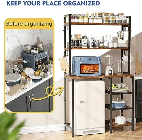 HBBOOMLIFE 6-Tier Bakers Rack  Microwave Stand with Shelves  Kitchen Coffee  Table  Heavy Duty  Shelves with Cabinet  Wide Bakers Rack for Kitchen  Kitchenid Mixer  Air Fryer  Oak