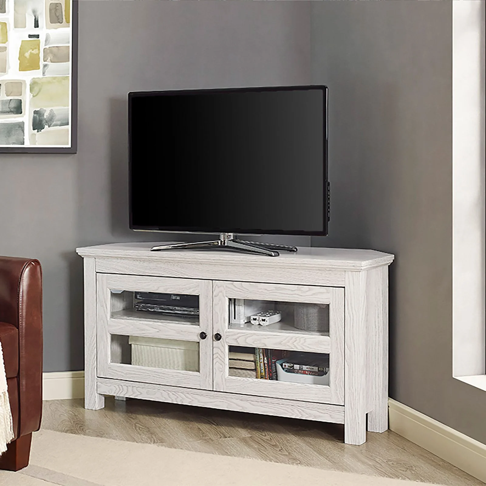 44" Transitional Farmhouse Wood Corner TV Console in Grey Wash
