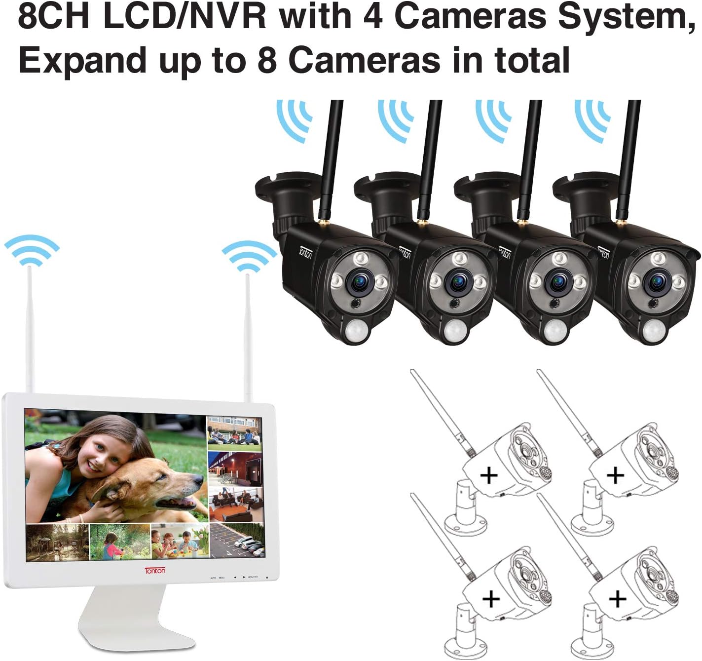 [2K&2 Way Audio&Thermal Detection] Tonton Wireless All-in-One Ultra HD Security Camera System with 16 Inch Monitor, 8CH NVR with 1TB HDD,4PCS 3MP Outdoor Bullet IP Cameras,Plug and Play