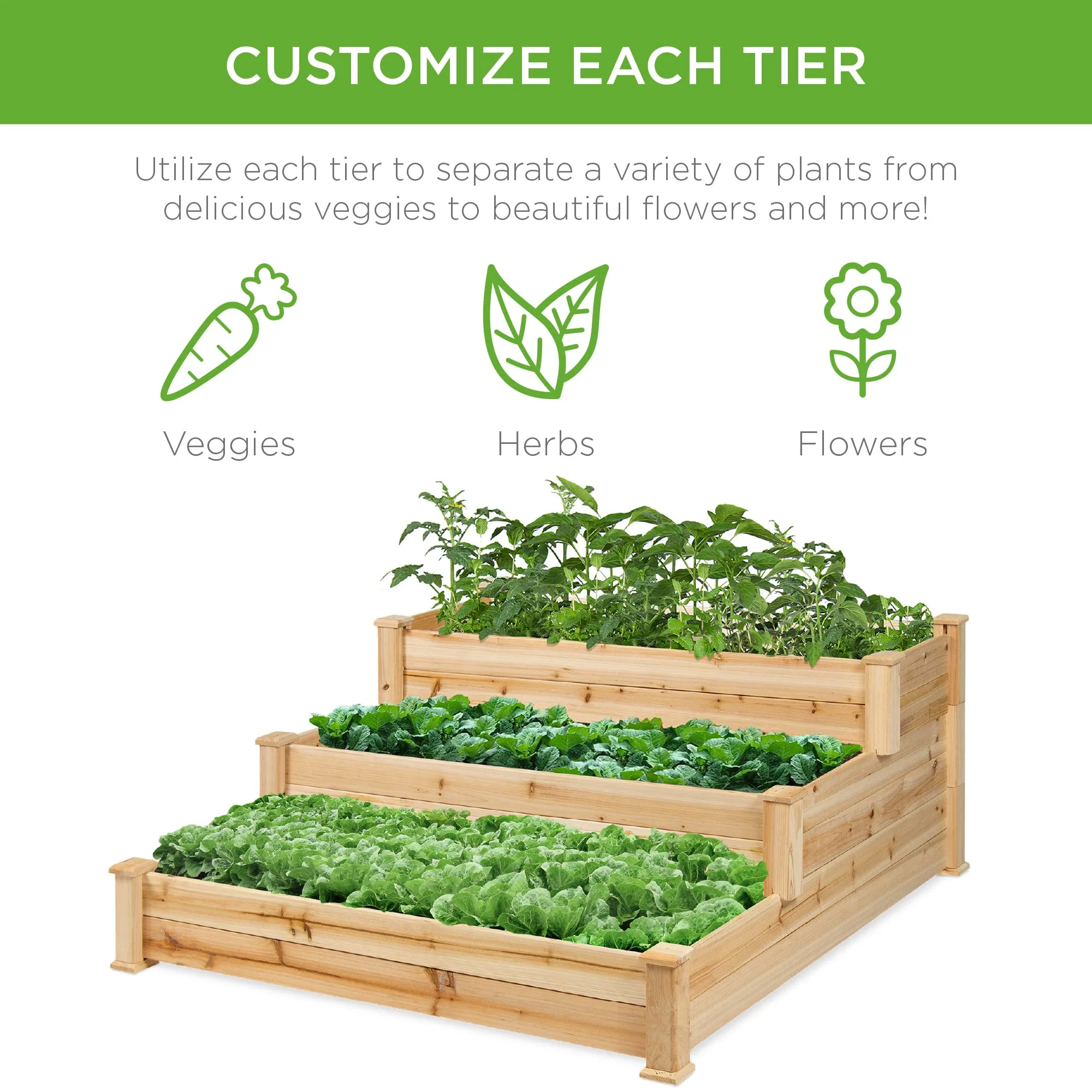 3-Tier Fir Wood Raised Garden Bed Planter Kit for Plants, Herbs, Vegetables, Outdoor Gardening w/Stackable & Flat Arrangement, Easy Assembly - Natural - Curated Treasures Market