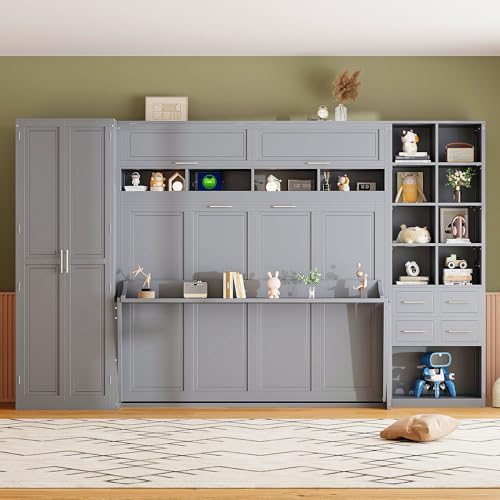 KLMM Wooden Murphy Bed Wall Bed with 2 Wardrobe and Storage Shelf,Foldable Platform Bedframe for Guest-Room Bedroom Study Office Use (White#E, Full)