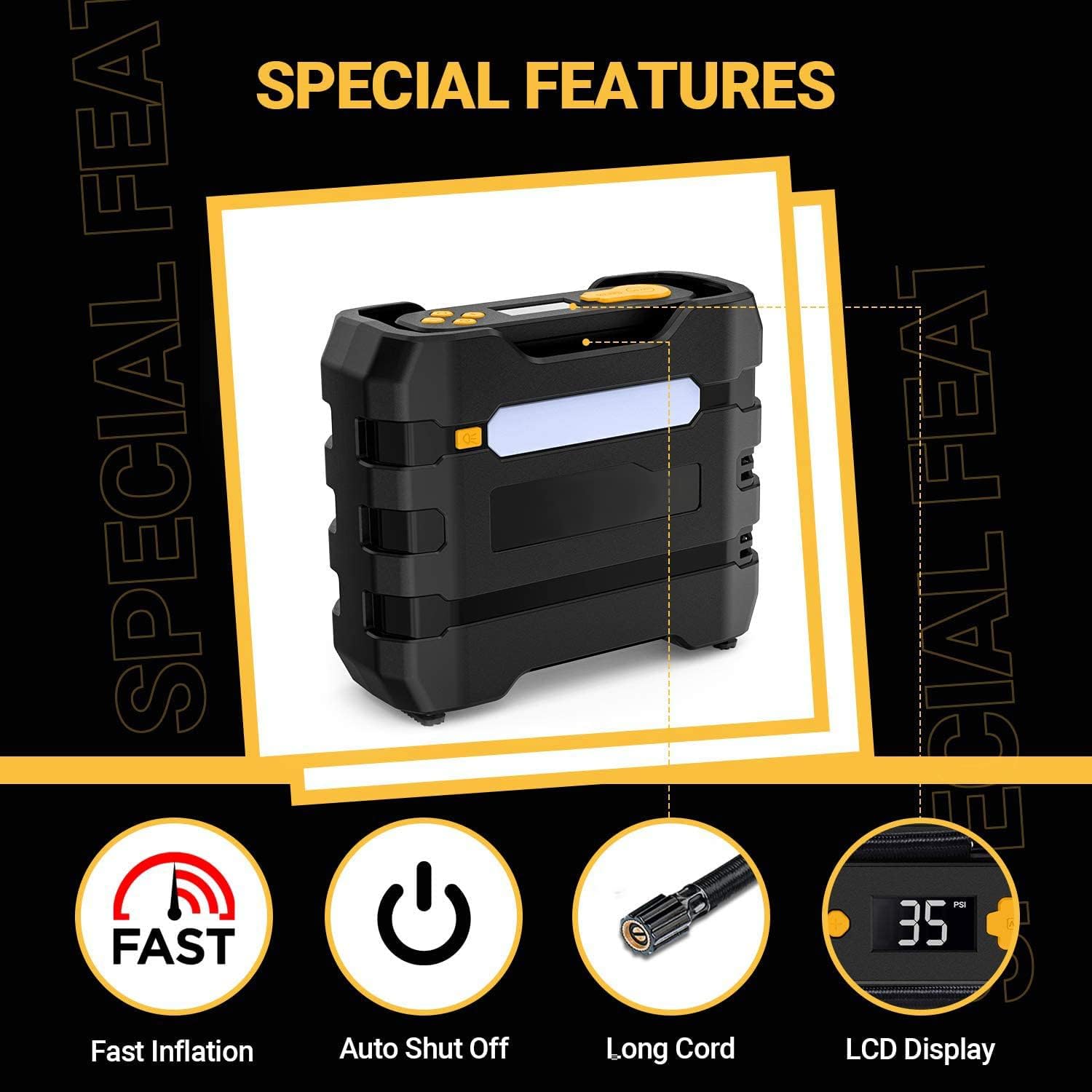 Car Tire Inflator 12V DC Portable Air Compressor with 3 LED Lights | Yellow 2Pcs