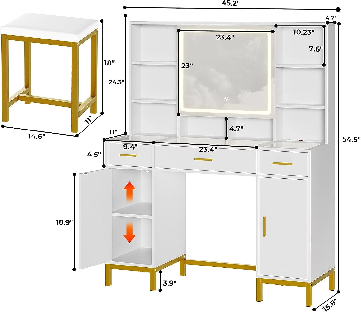 AOGLLATI Vanity Desk with Lights Mirror and 3 Drawers,Glass Tabletop Make up Vanity Set with Charging Station & 2 Cabinets,Hidden Hooks,White
