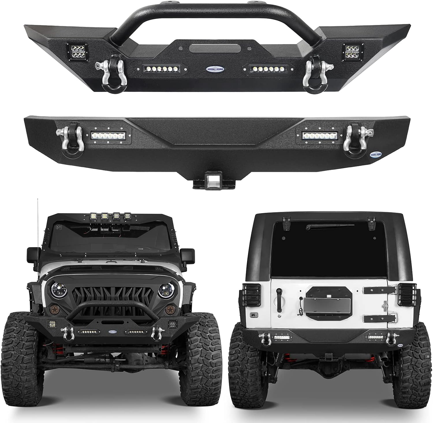 u-Box Wrangler JK Bumpers Combo - Different Trail Front & Rear Bumpers Kit w/ Winch Plate & Hitch Receiver & LED Lights for Jeep Wrangler JK 2007-2018