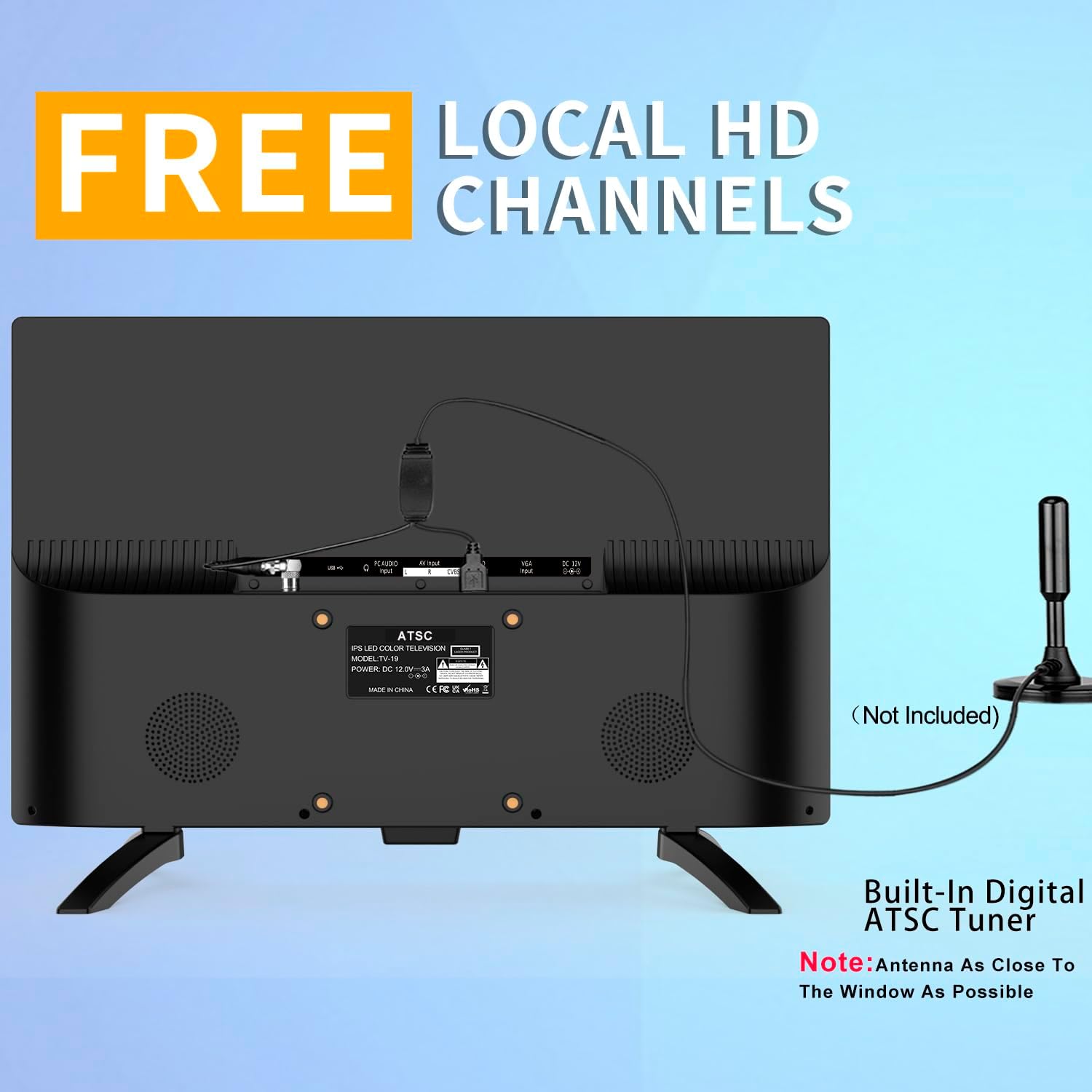 19 Inch Flat Screen TV Built in Digital ATSC Tuners, 1080p LED TV with HDMI VGA AV USB Port for Kitchen, Bedroom, RV, Caravan, Camping, Outdoor