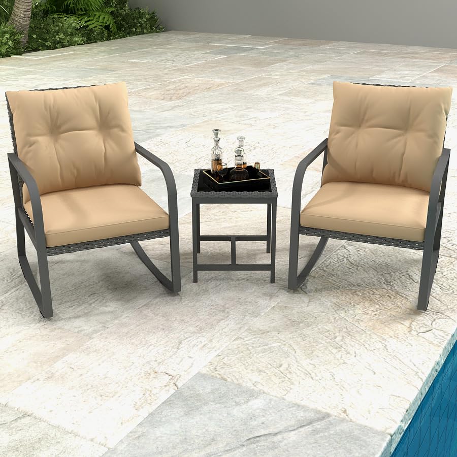3 Piece Rocking Bistro Patio Set, Outdoor Rocking Chair, Outdoor Bistro Sets Wicker Patio Furniture Rocking Chairs Sectional Couch with Tempered Glass Top Coffee Table & Cushions, Dark Blue