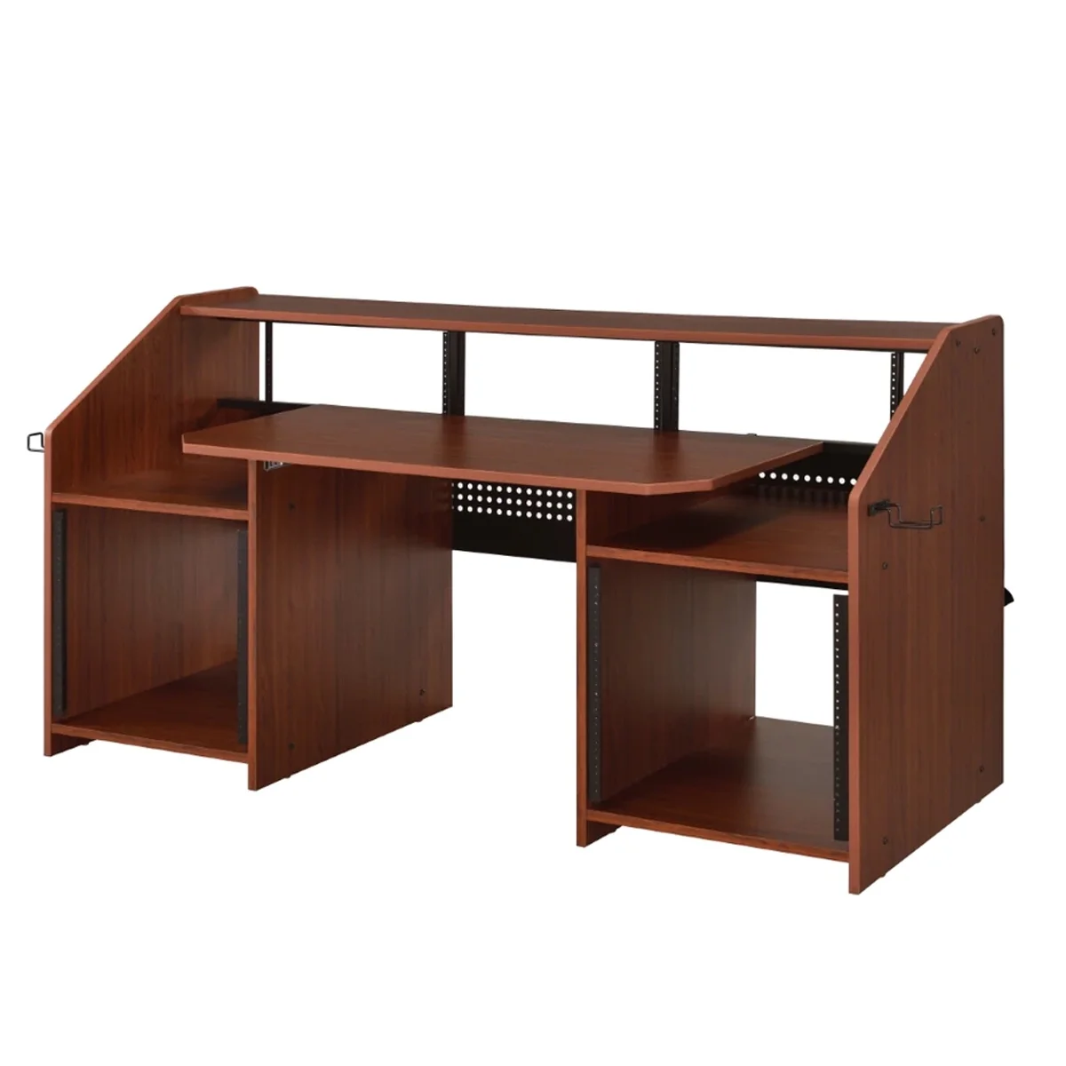 71 Inch Wood Music Desk Studio Workstation, 3 Shelves, Cherry Brown- Saltoro Sherpi