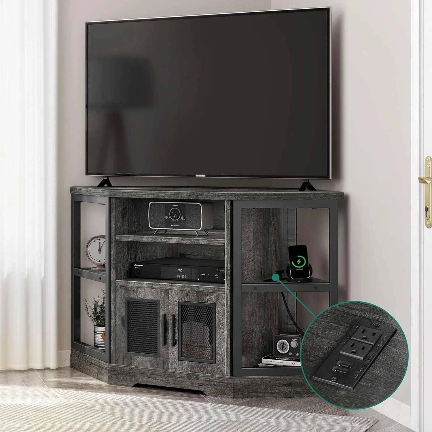 FJU Corner TV Stand for TVs up to 55 Inch with Power Outlet, Modern Farmhouse Entertainment Center, Wood TV Media Console with Storage Cabinets Shelves for Living Room Bedroom, Gray Oak