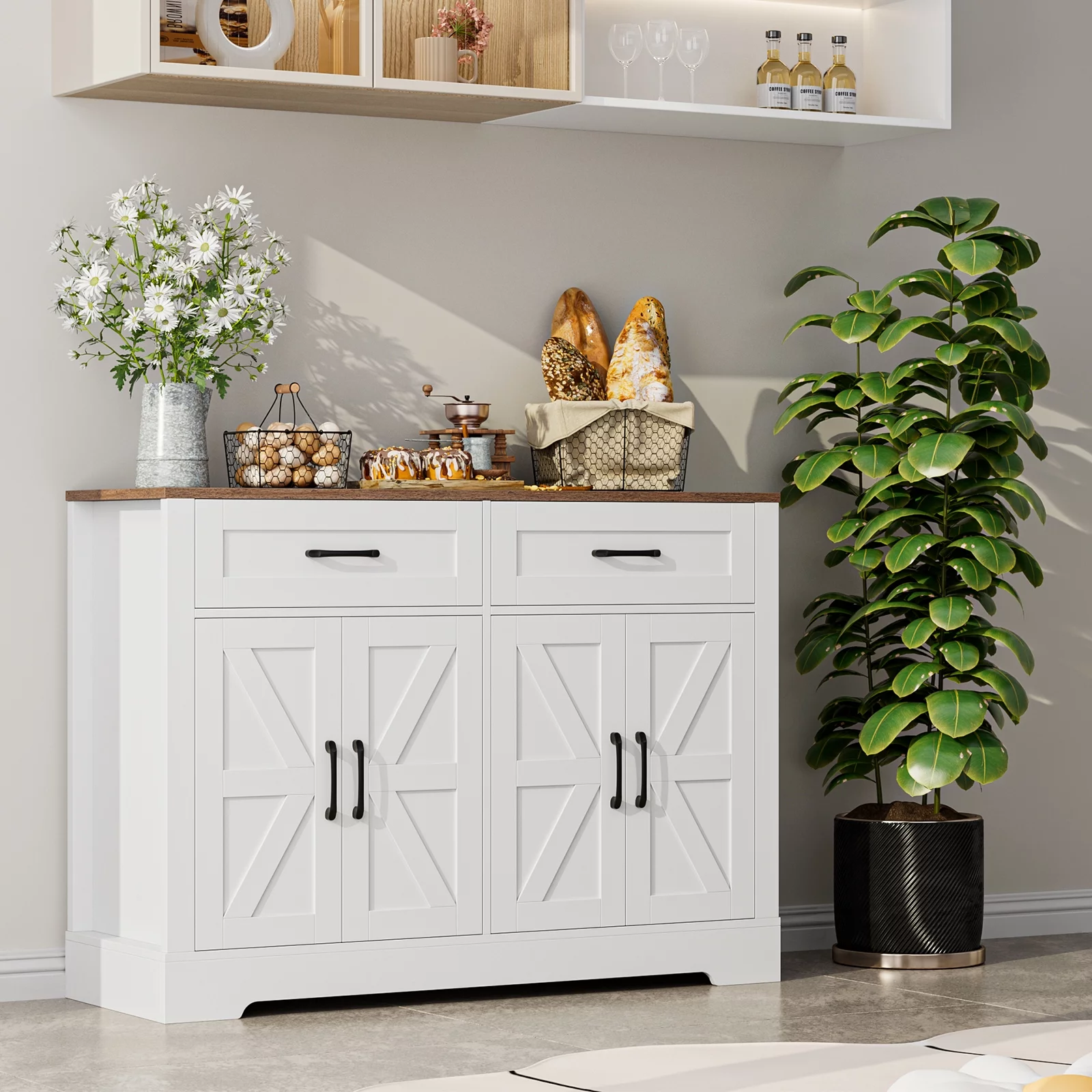 Homfa Farmhouse Buffet Sideboard, 2 Drawers & 4 Doors Shelf Space Wood Storage Cabinet Credenza for Kitchen Living Room, White - Curated Treasures Market