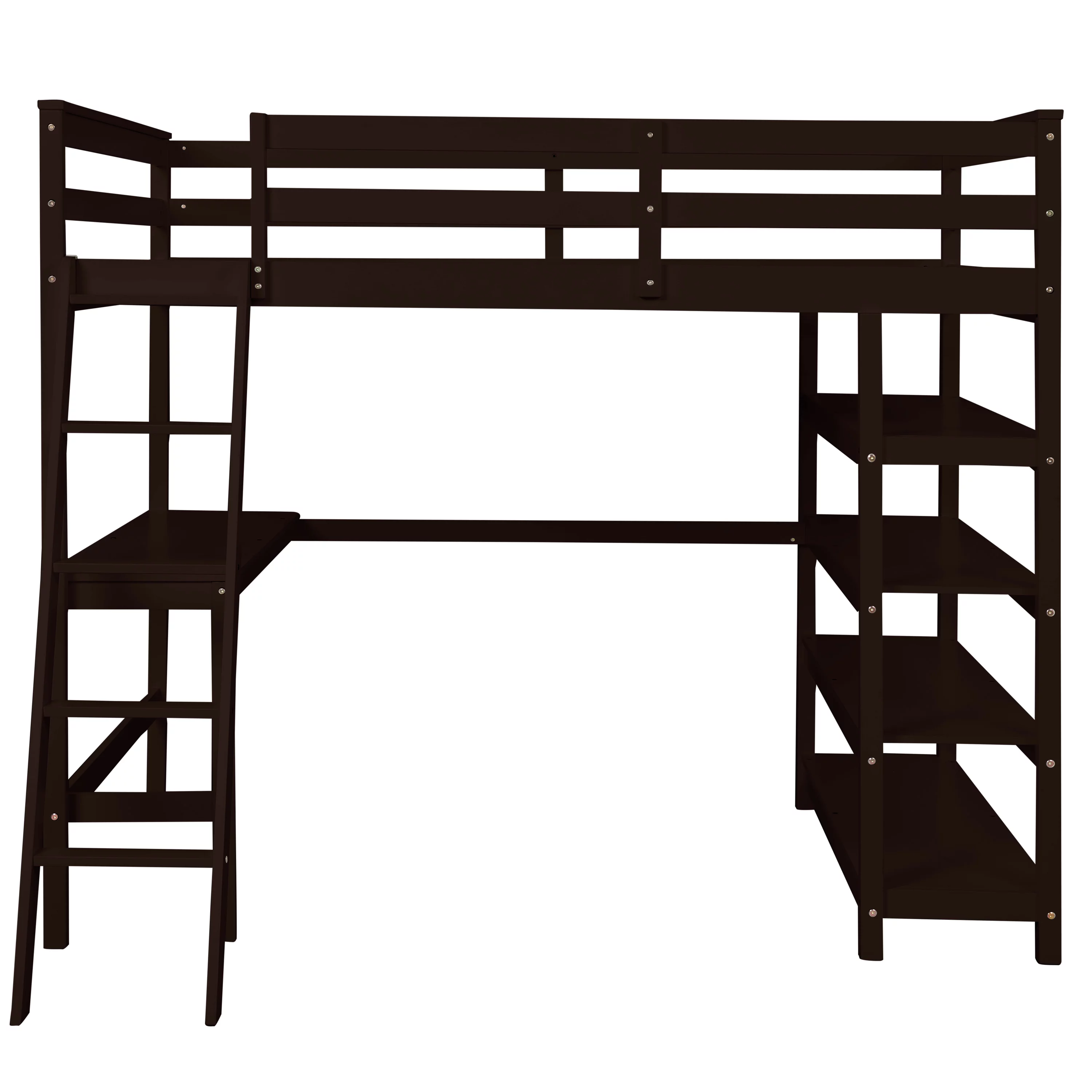 Wooden Full Loft Bed with Desk, Full Size Bunk Bed with 4 Tier Storage Shelves, Workstation Desk, Safety Rail, Wider Ladder for Kids Teens Adults, Space Saving Design, No Spring Box needed, Espresso
