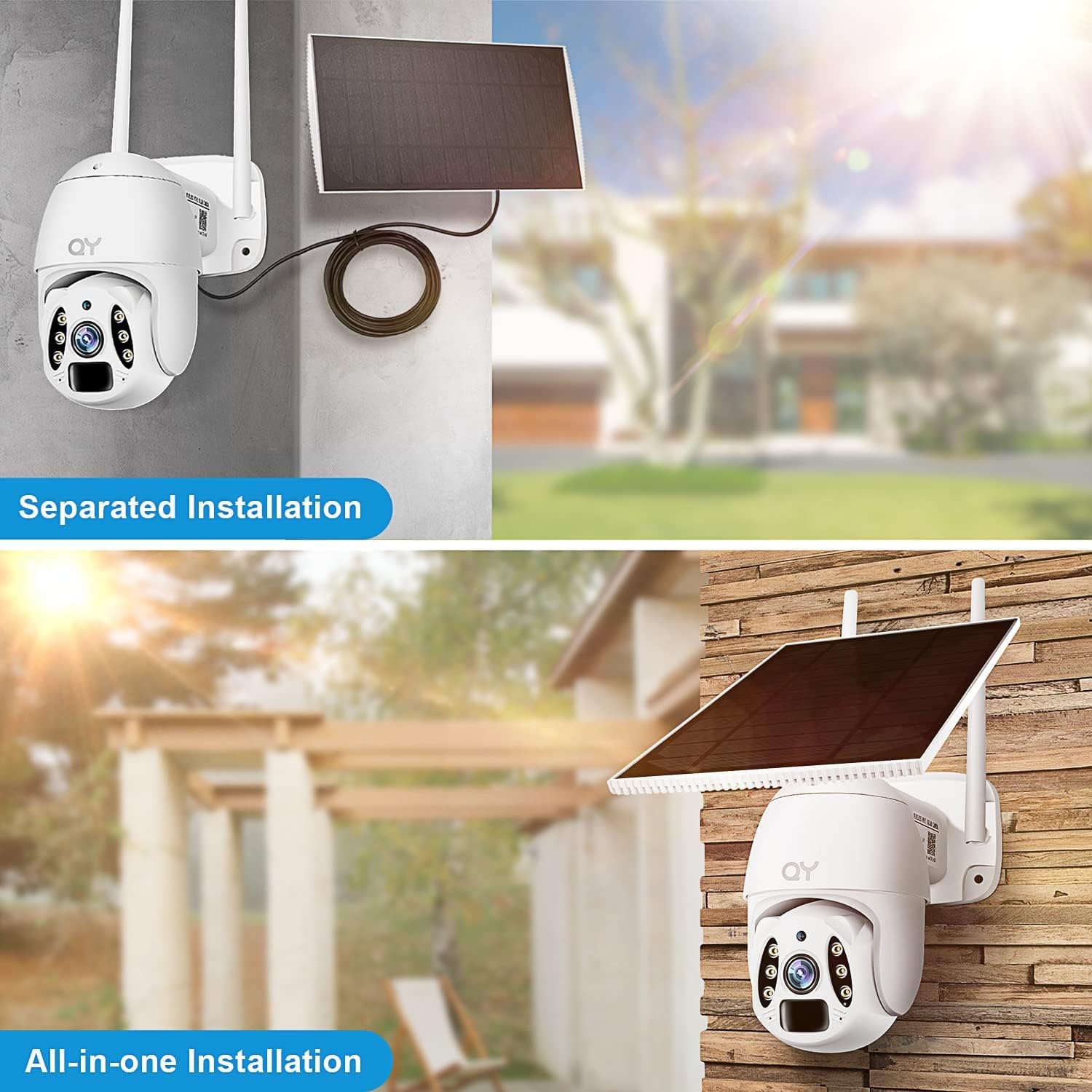 Solar Powered Security Camera, Rechargeable Battery Powered,3 MP Wireless Pan & Tilt 360° View with Motion Detection,2-Way Audio,HD Color Night Vision with Spotlight,IP67 Waterproof,Cloud/SD Storage