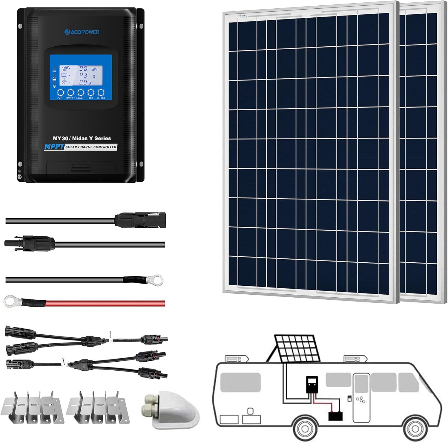 ACOPOWER Solar Panel Kit, 800W 12/24V Polycrystalline Off-Grid System for RV Home Marine with 8PCs 100W Rigid Solar Panels/60A MPPT Controller/Z-Brackets/Y Connectors/Solar Cables/Cable Entry Housing