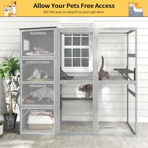 COZIWOW Large Wood Cat Catio, Outdoor Enclosure with Weatherproof Roof, 2 Resting Rooms, 2 Platforms, 4-Tier Cat Playpen, Orange