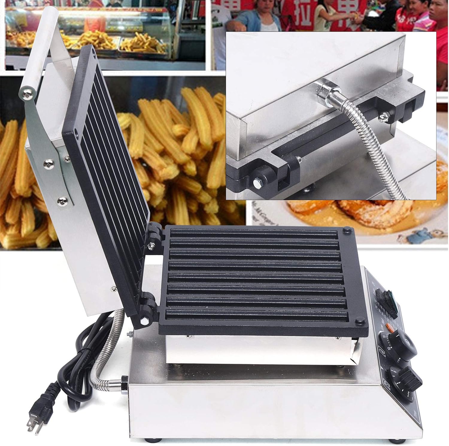1500W 8 Churro Maker Machine, Stainless Steel Electric Waffle Maker Muffin Machine Baker Machine, Commercial Belgian Waffle Maker with Teflon Coating, 50~300℃ Temp for Restaurant Bakeries