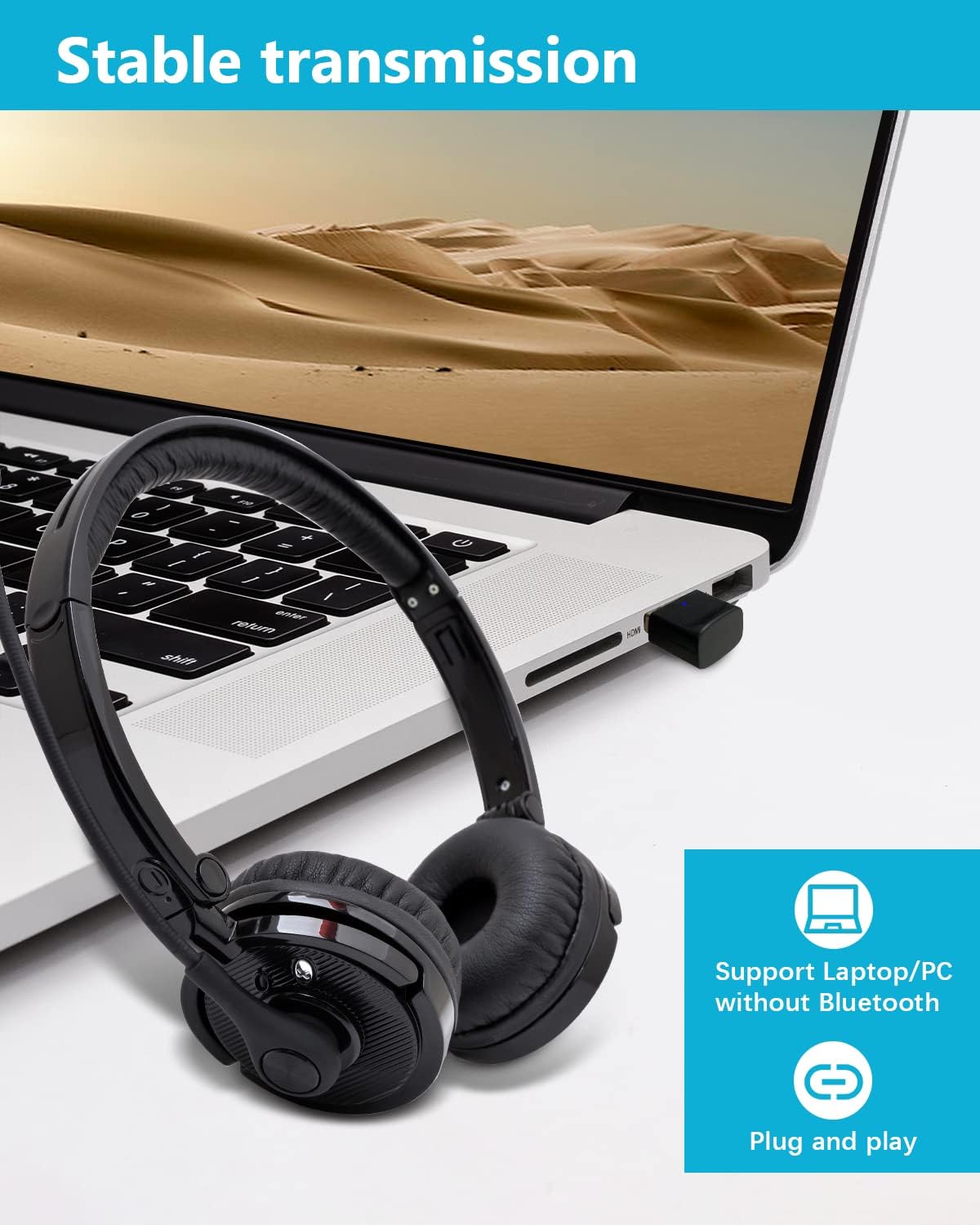 Bluetooth Headphones with Microphone USB Dongle/Adapter, ASIAMENG Wireless Bluetooth Headset with Noise Cancelling Mic Mute Button Clear Sound for Computer PC Laptop Cell Phones Office Home Pack of 2