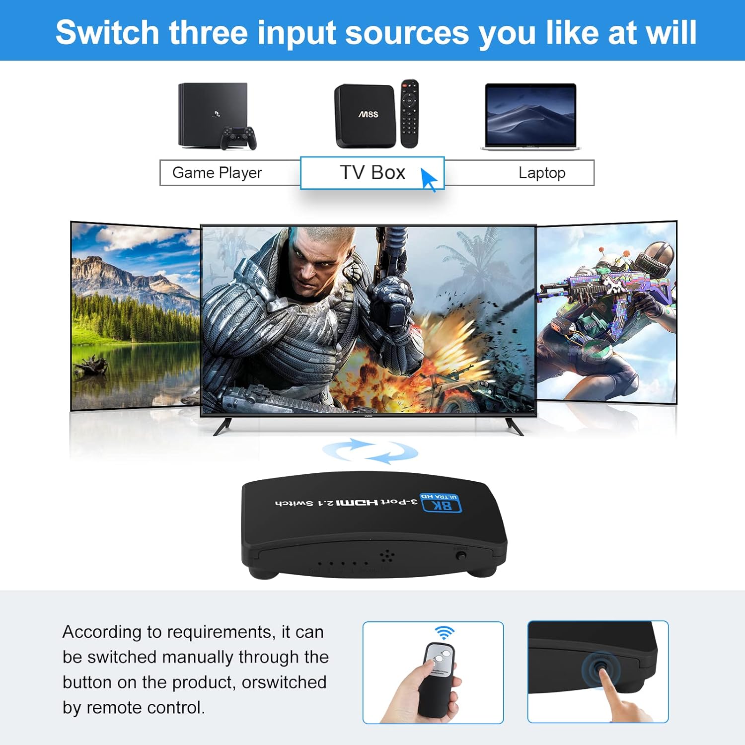 8K@60Hz HDMI 2.1 Switch, HDMI Switch 3 in 1 Out, 3-Port HDMI Switcher Selector, Supports 4K@120Hz, 1080P@240Hz, 1080P@120Hz for Fire Stick, HDTV, PS4/5, Game Consoles with Remote Control Pack of 2