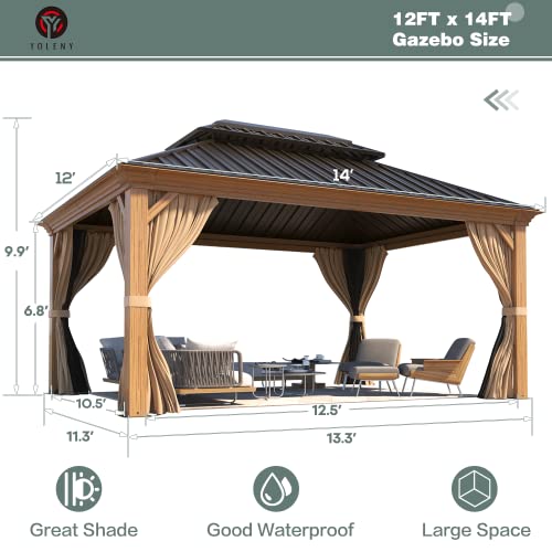 YOLENY 10' x 12' Hardtop Gazebo, Wood-Looking Gazebo with Galvanized Steel Double Roof, Aluminum Frame, Permanent Metal Pavilion with Netting and Curtains for Deck, Backyard, Patio and Lawns