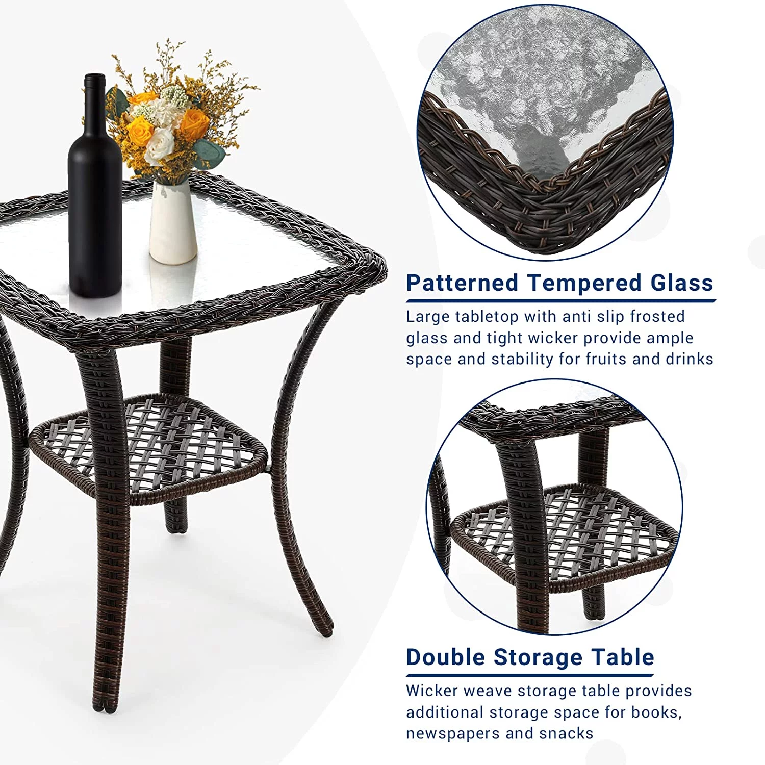 UDPATIO 3 Pieces Patio Furniture Set, Outdoor Swivel Gliders Rocker, Wicker Patio Bistro Set with Rattan Rocking Chair, Glass Top Side Table and Thickened Cushions for Porch Deck Backyard (Navy)