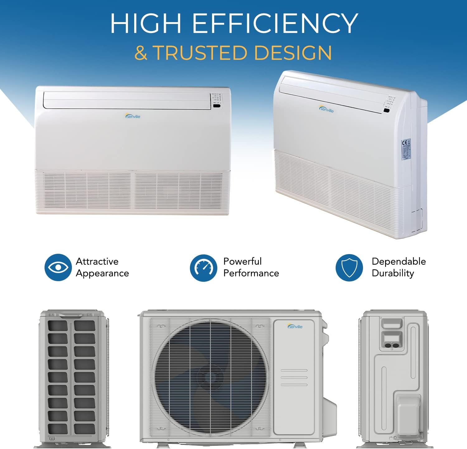 Senville 24,000 BTU Floor Console Mini Split AC/Heating System, Floor/Ceiling Mounted, 16 Ft. Install Kit, 208/230V, White