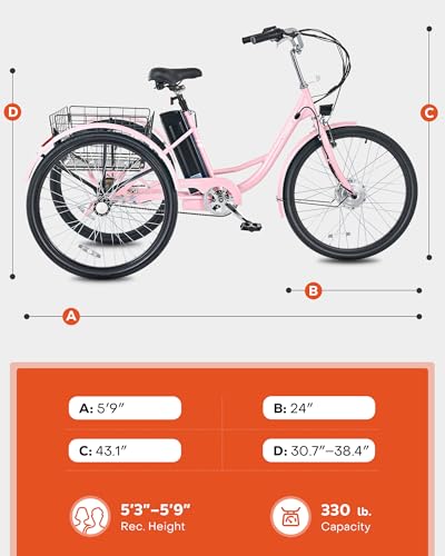 Viribus Electric Tricycle for Adults, Electric Trike 250W(Peak 500W) with 468Wh Removable Battery, Motorized Adult Tricycle, 3 Wheel Electric Bike for Seniors, E Trikes 330 lb. Rosy 24 in