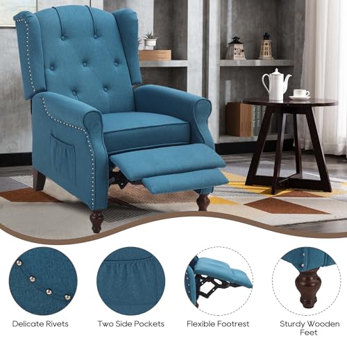 Wingback Recliner Chair with Massage and Heat, Tufted Fabric Pushback Recliner Chair, Wingback Chair with Remote Control, Padded Cushion, Wooden Legs, Small Recliners for Small Spaces