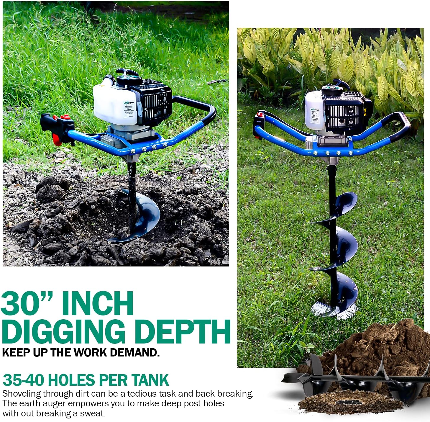 Landworks Earth Auger Power Head Heavy Duty 3HP 52cc 2 Stroke Gas Engine w/Steel 8x30 Bit w/Fishtail One Man Post Hole Digger for Planting, Earth Burrowing/Drilling & Fences EPA/CARB Compliant