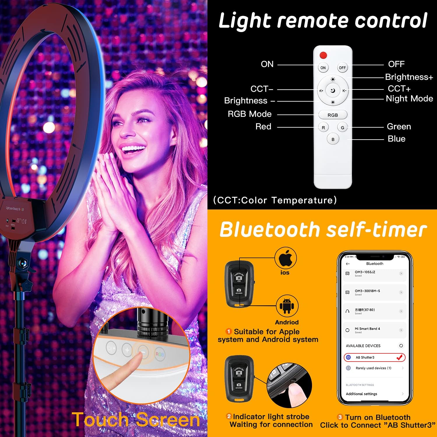 RGB Ring Light 18 inch with Tripod Stand (2700-7000K) for Phone Camera iPad Selfie Live Stream YouTube TikTok Video Shooting Best Lighting Atmosphere Ringlight